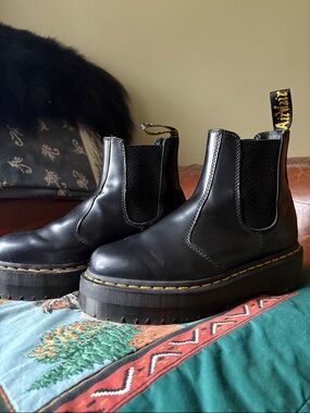 Dr. Martens Black Platform Chelsea Boots with Yellow Welt Stitching